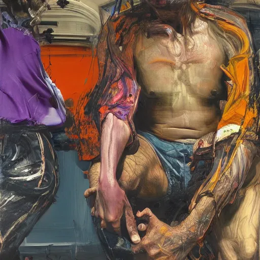 Image similar to high quality high detail painting of two men in agony in the city streets of london by lucian freud and jenny saville and francis bacon and norman rockwell and malcom liepke and nicola samori, hd, turquoise and purple and orange and pink, dark atmosphere