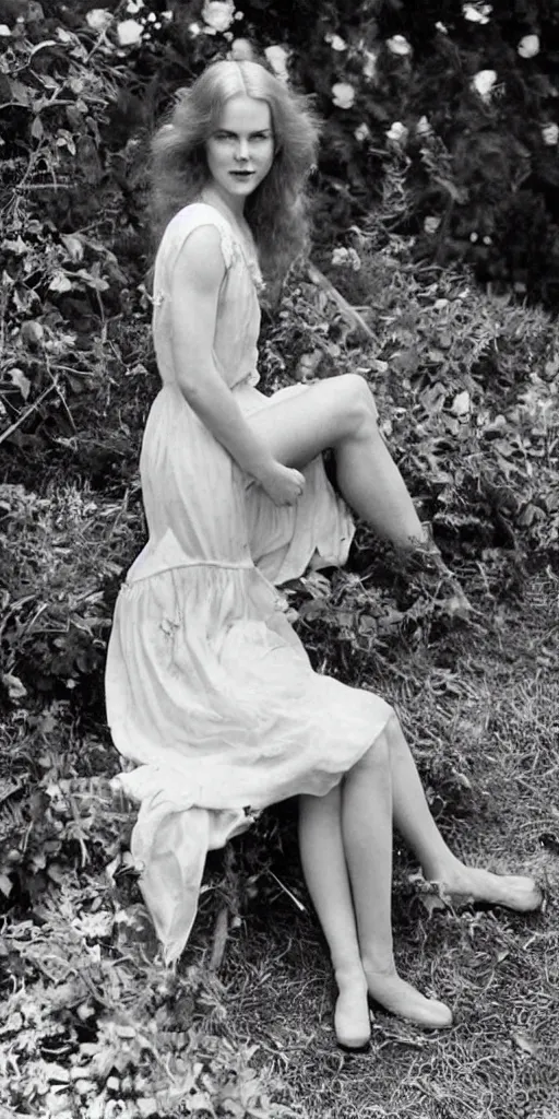 Image similar to young nicole kidman, long hair, beautiful dress, 1930, out of focus, sitting in green garden