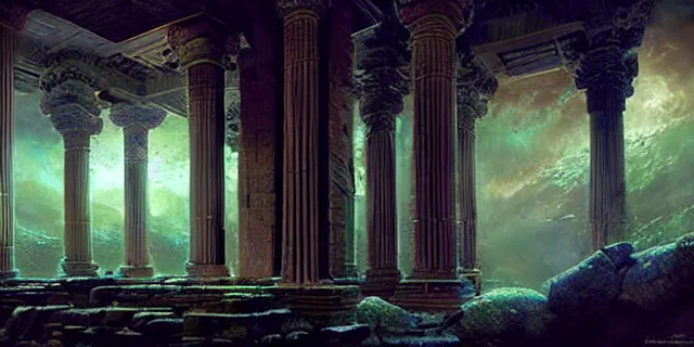 Image similar to beautiful hyperrealistic spectacular painting of the mysterious intricate ruins of the mysterious ancient temple, an advanced alien technology timemachine with a green glowing crystal from the future is inside the temple, by hubert robert and lee madwick and bastien lecouffe deharme, dramatic moonlight lighting, advanced technology