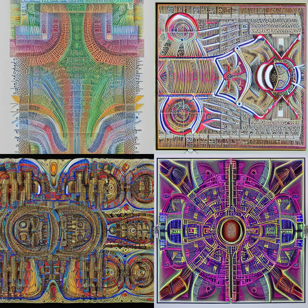 Prompt: fractal automaton, Hatching, flexible character code, acoustic information, hieroglyphs, repetition, complex system of order, building plans, scores, circuits, cartography, medium: colored pencil