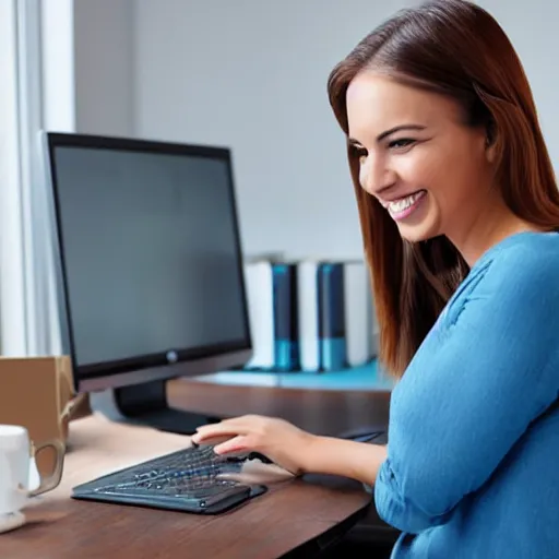 Prompt: woman in relationship with her computer keyboard smiling expression realistic