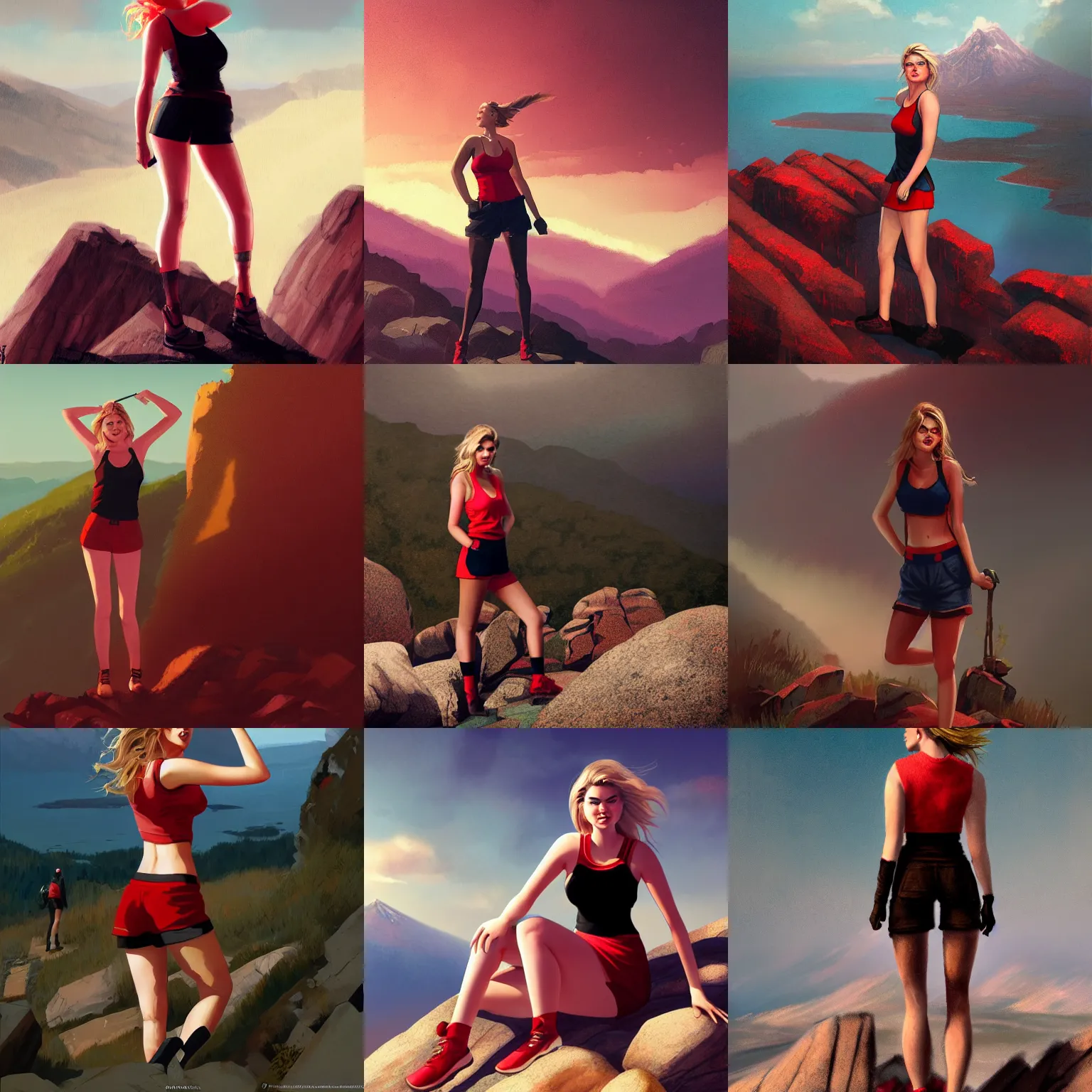 Prompt: kate upton standing on top of the mountain, wearing tanktop and shorts, red and black color palette, in the style of wlop and greg rutkowski and ilya kuvshino