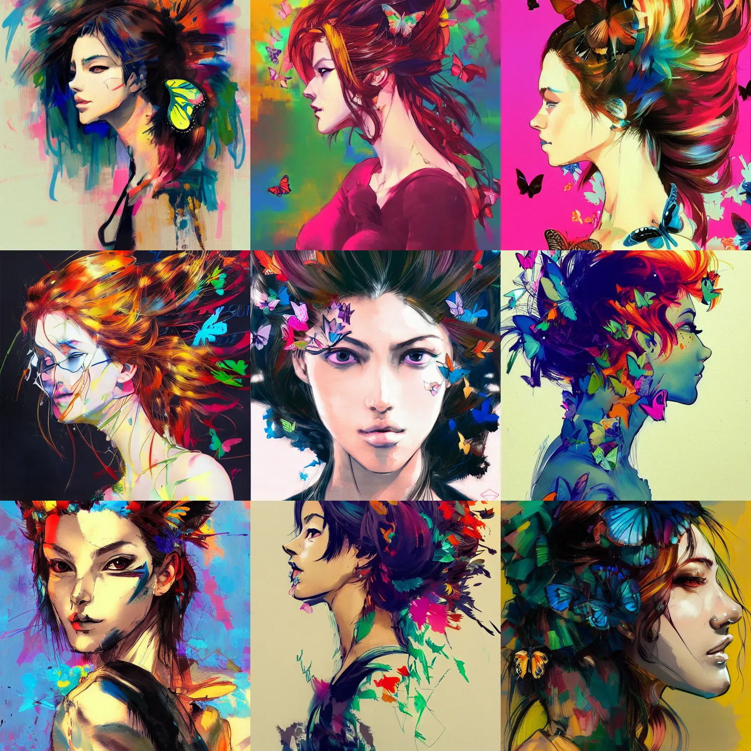 Prompt: a beautiful side portrait painting of a woman. colorful butterflies emerge from her hair, covering almost all of her head. art by yoji shinkawa, trending on artstation, award - winning, perfect composition.