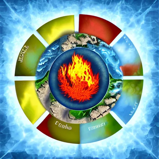 Prompt: the elements of fire, water, earth and air. digital art