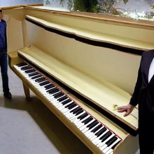 Prompt: the worlds longest piano with a man standing next to it.