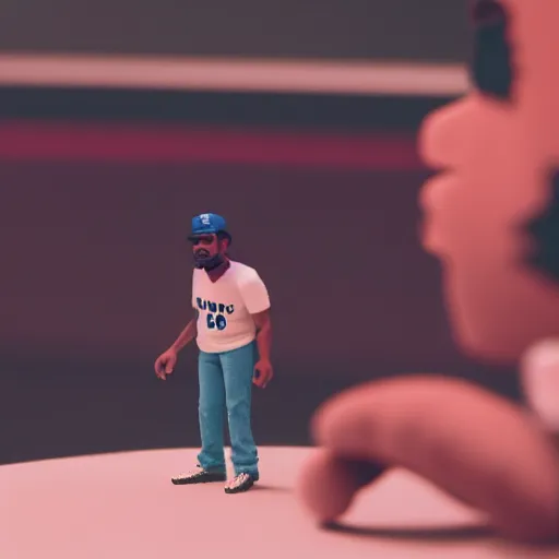 Image similar to a cinematic film still of a claymation stop motion film starring chance the rapper as a college student, shallow depth of field, 8 0 mm, f 1. 8