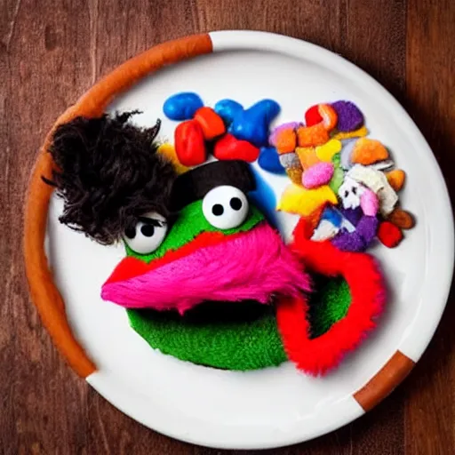 Image similar to a man eating a muppet on a dinner plate