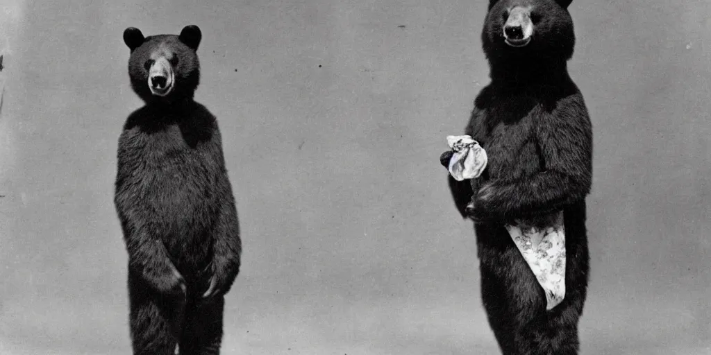 Image similar to anthropomorphic asian black bear in cosplay, 1900s photo