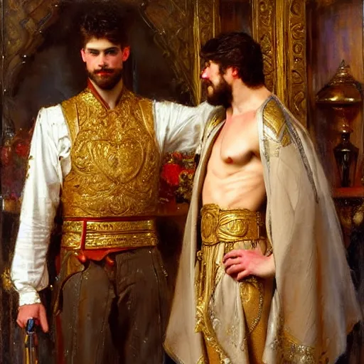 Image similar to attractive fully clothed king confesses his love for his attractive fully clothed male prince. highly detailed painting by gaston bussiere, daniel f. gerhartz, j. c. leyendecker 8 k