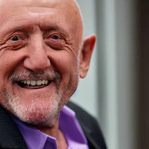 Image similar to mike ehrmantraut grinning in front of a camera