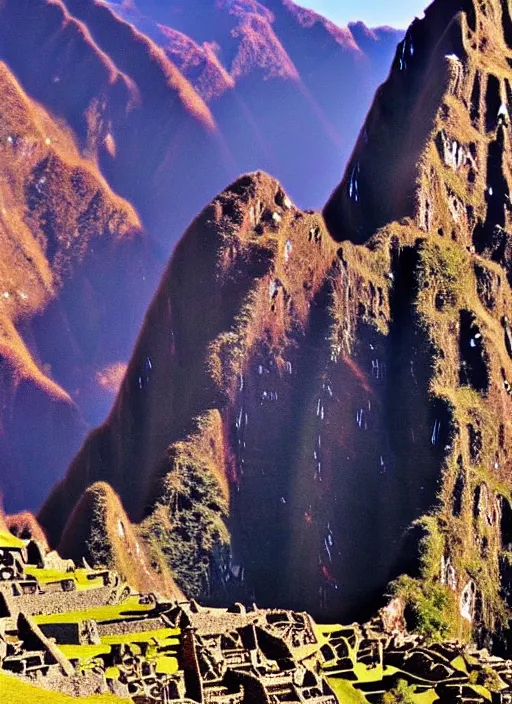 Image similar to a beautiful concept art painting of a sunrise on the machu picchu, beautiful lighting, fantasy art