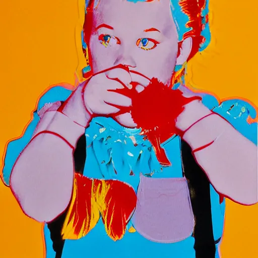 Image similar to An Andy Warhol style painting of Pippi Longstocking picking her nose.