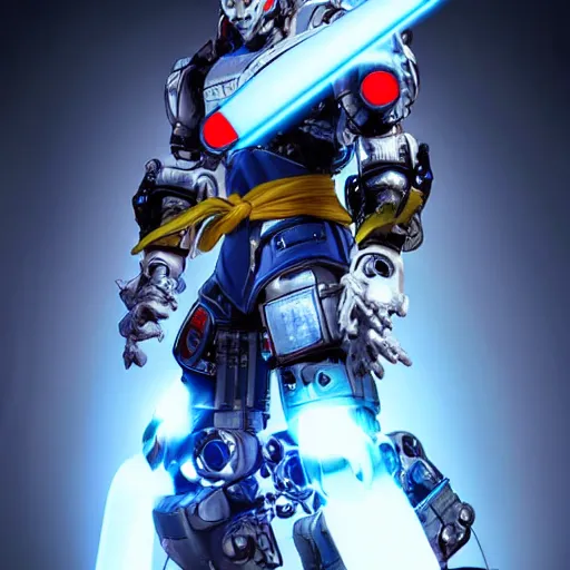 Image similar to portrait of streetfighter ryu as a cybernetic battle robot, visible face, super cool, katana, led, backlit, promotional material