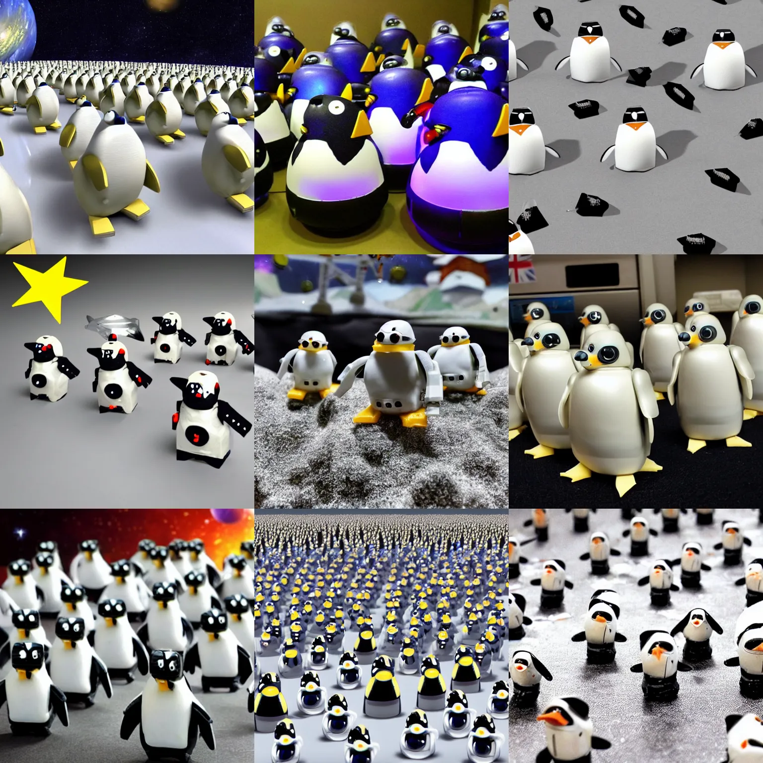 Prompt: army of robotic space penguins, on planet made of swiss cheese, invasion, hyper-realistic