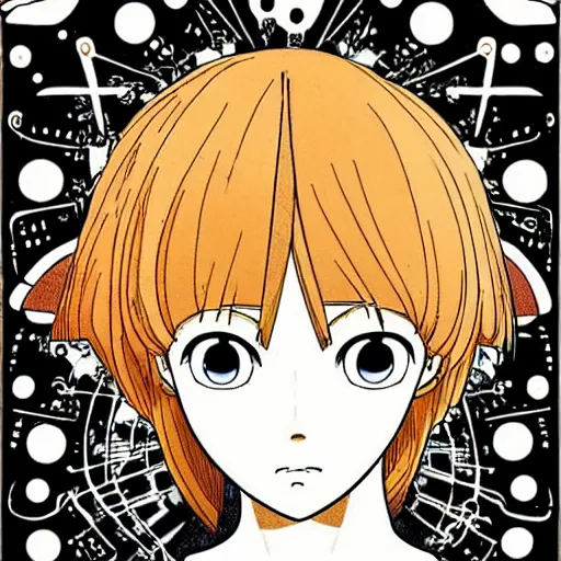 Image similar to prompt: Fragile looking flat colors portrait face drawn by Katsuhiro Otomo and Suehiro Maruo, inspired by Paprika anime, magical and alchemical objects on the side, soft light, monochrome background, intricate detail, intricate ink painting detail, sharp high detail, manga and anime 2000