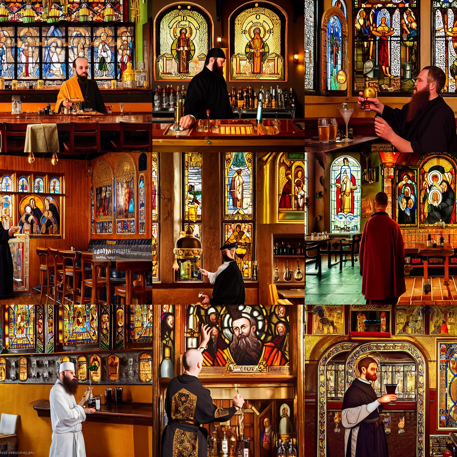 Prompt: orthodox monk as a bartender makes a cocktail inside a pub inside orthodox church, iconostasis, stained glass windows, realism, detailed, photorealistic