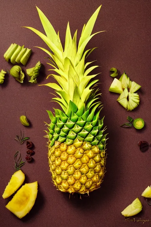 Prompt: doja cat as a pineapple, human face in the shape of a pineapple, professional food photography