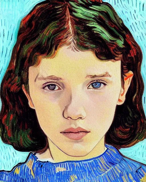 Image similar to portrait of millie bobby brown by vincent van gogh, digital art