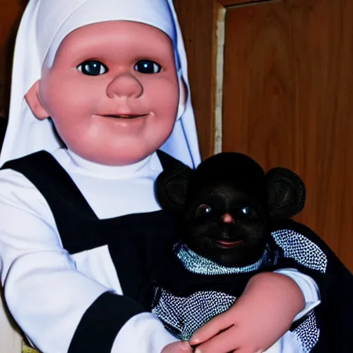 Image similar to a nun in church holding chucky the demonic killer doll on her lap