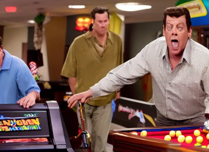 Image similar to shooter mcgavin from happy gilmore, movie still, playing donkey kong in the game room with adam sandler, 8 k, realistic