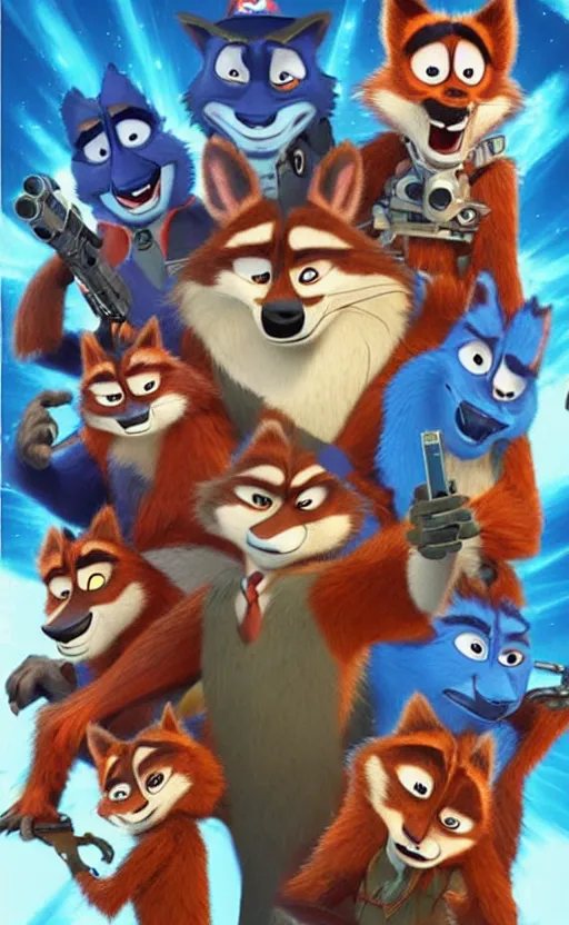 Image similar to “red racoons facing off with blue racoons in the style of zootopia, they’re all holding a laser gun”