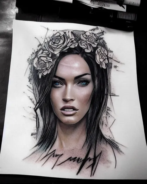 Image similar to double exposure effect tattoo design sketch of megan fox with amazing mountain scenery, realism tattoo, in the style of den yakovlev, amazing detail, sharp