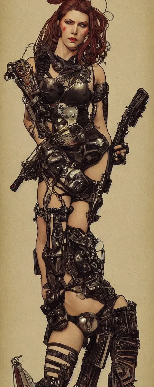Prompt: striking sensual indudtrial art nouveau style portrait of cristina ricci as an cyberpunk heavy metal rebel soldier by travis charest, simon bisley and alphonse mucha, photorealism, extremely hyperdetailed, perfect symmetrical facial features, perfect anatomy, ornate declotage, weapon, latex, excited expression, wild eyes