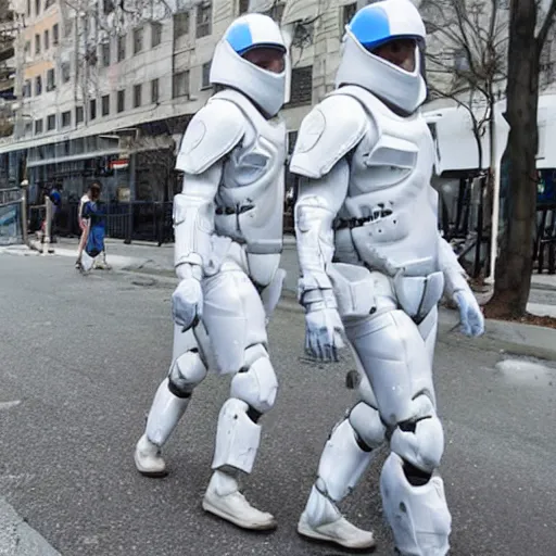 Prompt: dystopian peacekeepers wearing futuristic white armor patrolling the streets of new america