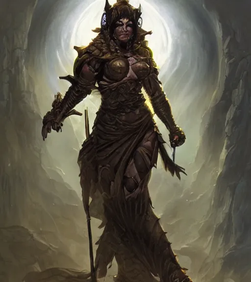 Image similar to a concept art painting of a evil female half - orc priest, art by karol bak and mark brooks and artgerm, centered, trending on artstation