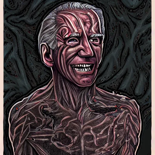 Image similar to biden became bloody ugly lovecraftian degenerate abomination, photo - realistic, color image, 2 k, highly detailed, bodyhorror, occult art