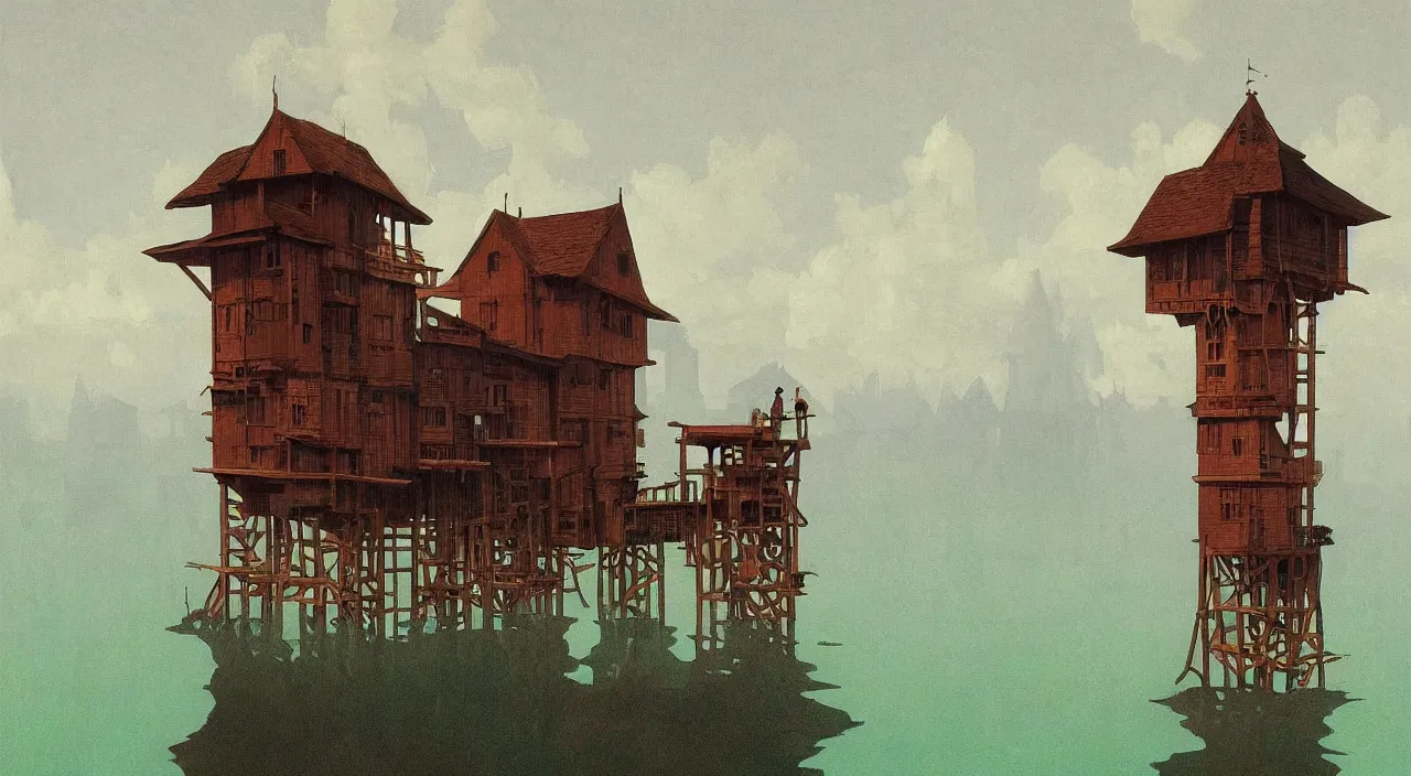 Image similar to single flooded simple wooden tower, very coherent and colorful high contrast!! masterpiece by rene magritte simon stalenhag carl spitzweg syd mead norman rockwell edward hopper james gilleard, minimalist, dark shadows, sunny day, hard lighting