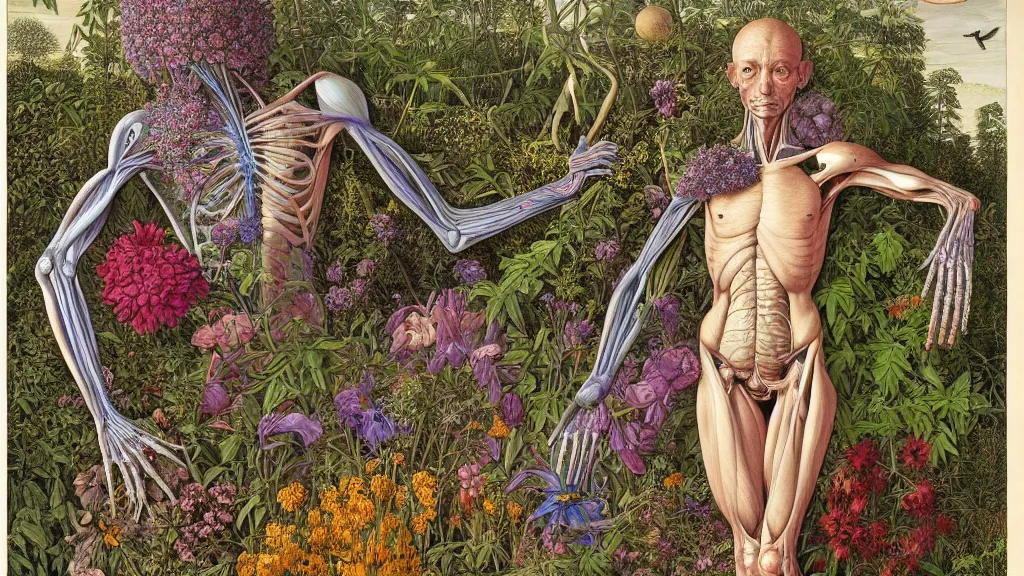 Image similar to highly detailed illustration of a single human anatomy body surrounded by all the known species of plants and flowers by juan gatti!, by moebius!, by leonardo da vinci!, by oliver vernon!