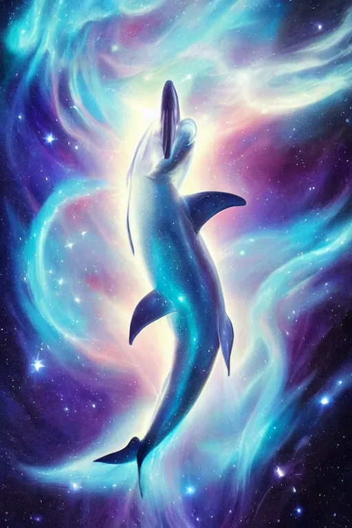 Image similar to Ethereal blue fire dolphin swimming through a nebula, Sirius star system, star dust, cosmic, magical, shiny, glow,cosmos, galaxies, stars, outer space, stunning, by andreas rocha and john howe, and Martin Johnson Heade, featured on artstation, featured on behance, golden ratio, ultrawide angle, hyper detailed, photorealistic, epic composition, wide angle, f32, well composed, UE5, 8k