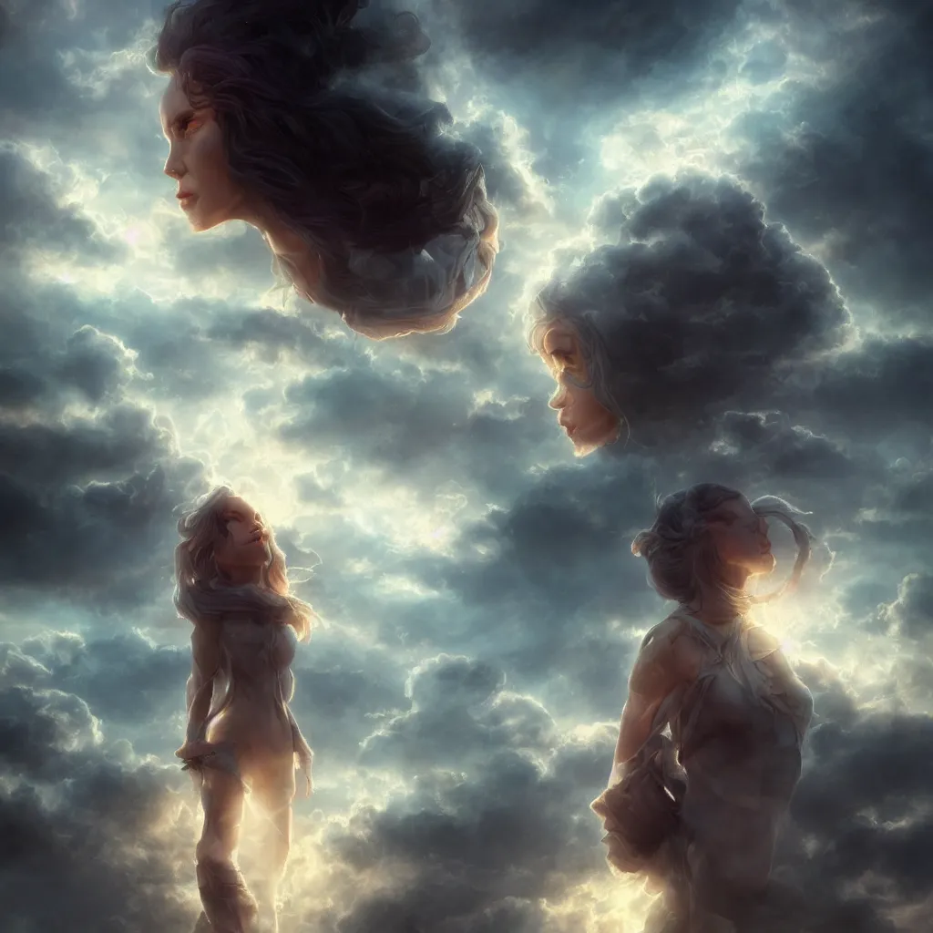 Image similar to lost soul in the clouds, epic shot, very detailed, clear, dawn, by artgerm, julie bell, beeple and Greg Rutkowski, airbrush, fantasy, 90s, Smooth gradients, octane render, 8k, High contrast, depth of field, very coherent artwork