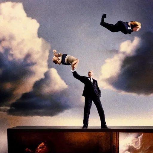 Prompt: People falling into the air from the movie Inception by Christopher Nolan, surreal, photograph, highly detailed, high evolution, legendary, smooth, sharp focus, dynamic lighting, 4k, by Rene Magritte