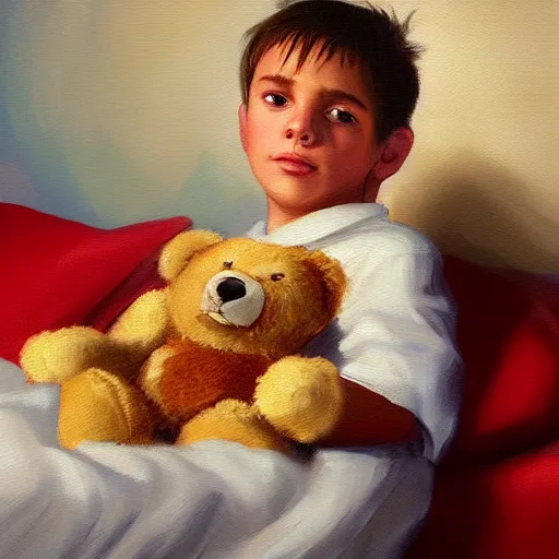 Prompt: oil painting of a boy lying on his bed holding a teddy bear at night, artstation, Detail, HD