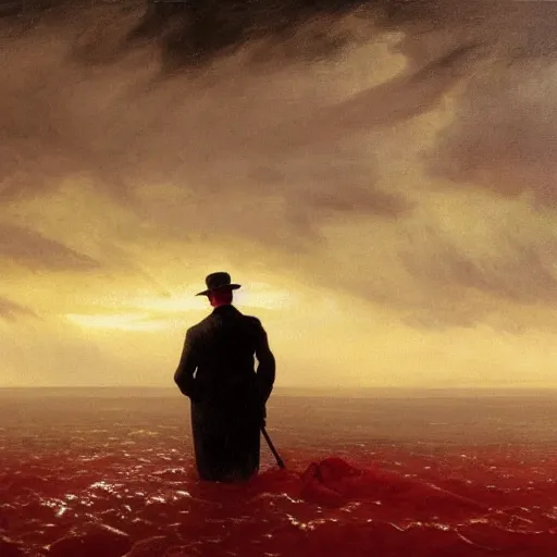 Prompt: a man in 1 9 3 0 s attire seen from behind walking waist - deep in a deep infinite flat sea of crimson blood. many human cadavers are floating face down in the red liquid. pitch black empty sky. high contrast. masterpiece painting by virgin finlay, andreas achenbach, peter balcke