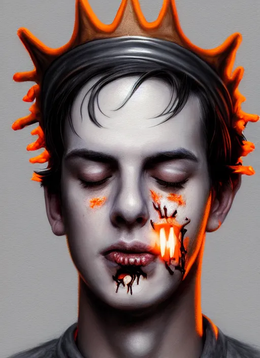 Image similar to portrait of zombie teenage jughead jones wearing a light grey crown, photorealistic, zombie, crown, eyes closed, crown, black hair, intricate, elegant, orange, glowing lights, highly detailed, digital painting, artstation, concept art, sharp focus, illustration, art by wlop, mars ravelo and greg rutkowski