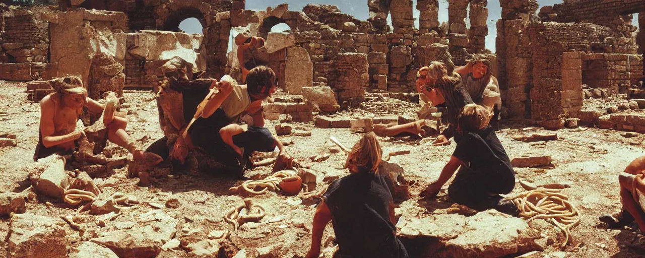 Image similar to archaeologists discovering ancient ruins of spaghetti, canon 5 0 mm, high detailed face, facial expression, cinematic lighting, photography, retro, film, kodachrome