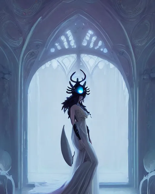 Image similar to portrait of hollow knight as an elegant renaissance goddess, stephen bliss, unreal engine, by greg rutkowski, loish, rhads, makoto shinkai and lois van baarle, ilya kuvshinov, rossdraws, global illumination, radiant light, detailed and intricate environment