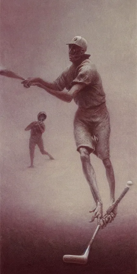 Image similar to painting of a man playing baseball with eldritch beings, by Zdzislaw Beksinski, gothic, amazing details, cold hue's, warm tone gradient background