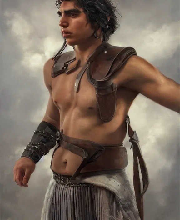 Prompt: portrait of a handsome young latino gladiator with short black hair, art by denys tsiperko and bogdan rezunenko and franz xaver kosler, hyperrealism, fantasy art