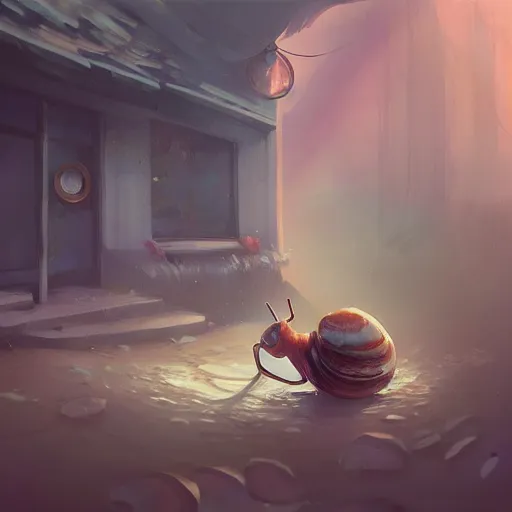 Prompt: A snail watching everything slowly decay while the time slowly reaches it's end, digital art, WLOP, artstation, Mandy Jurgens