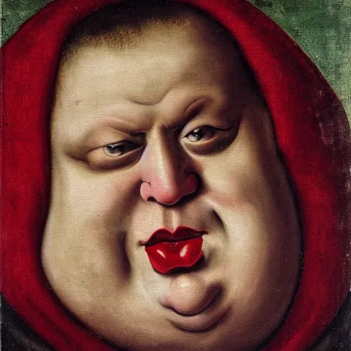 Prompt: a painting of a morbidly obese man with a red painted face wearing red clothing by Agnolo Bronzino
