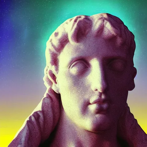 Prompt: 3 d sci - fi cgartist rendering of a hyper realistic marble greek statuary bust floating in space, at the vast pulsating interdimensional fractal space portal at the psychedelic vaporwave event horizon by chris moore, by edward hopper, by col price, trending on artstation