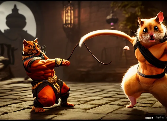 Prompt: hamster fights a cat in mortal kombat on the background of a laughing shao khan. fantasy magic style. highly detailed 8 k. intricate. lifelike. soft light. sony a 7 r iv 5 5 mm. unreal engine with nanite and path tracing