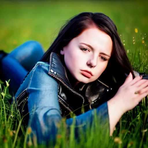 Prompt: young girl lies on a meadow, she wears leather jacket, jeans and black boots, sharp focus, photo taken by nikon, 4 k,