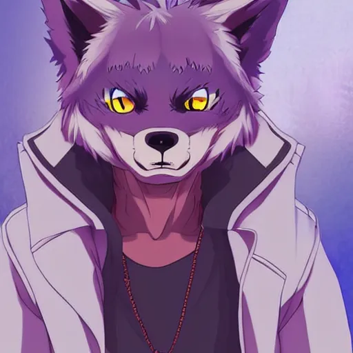 Image similar to key anime visual portrait of an anthropomorphic anthro wolf fursona, in a jacket, with handsome eyes, official modern anime art