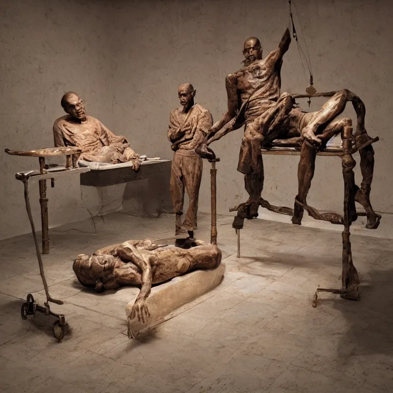 Image similar to hyperrealistic sculpture of a fossilized bronze chinese prisoner on an operating table in a cage on a pedestal, surrounded by surgeons, by duane hanson and lee bontecou and giacometti, patina, hyperrealistic dramatic colored lighting trending on artstation 8 k