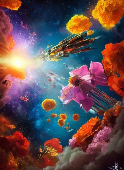 Image similar to An epic fantastic realism comic book style painting of the most beautiful flowers launched into space, bouquets, glorious galactic collision, sharp focus, fisheye, unreal 5, DAZ, hyperrealistic, octane render, dynamic lighting